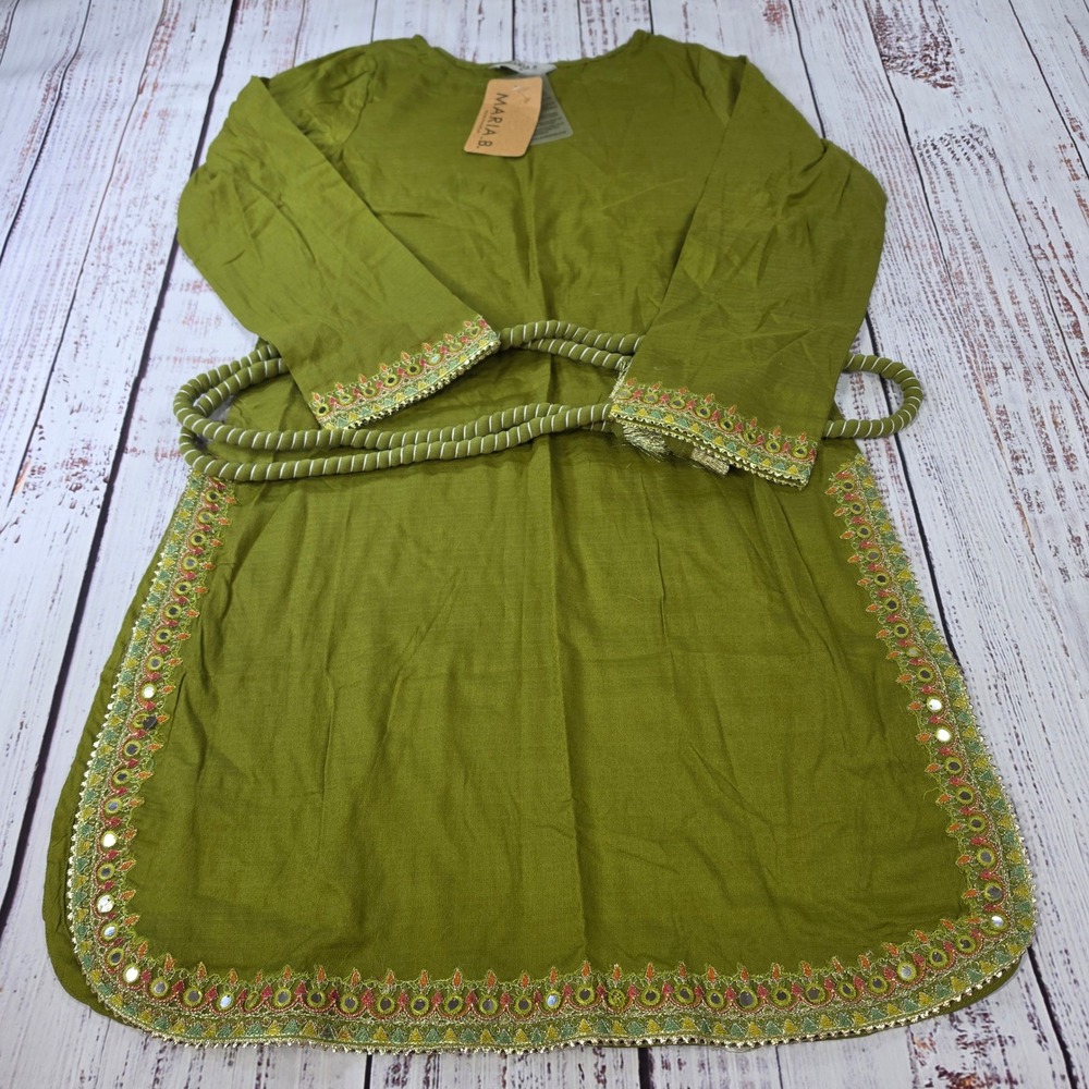 Maria B Kurta Tunic Women‎ Medium Green NWT Embroidered Mirror Work Belted Kurti